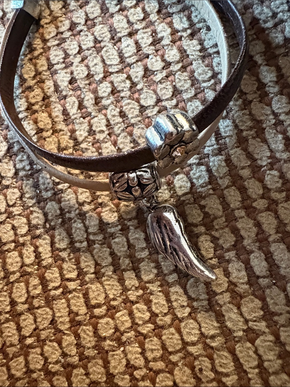 Leather Double-Band Bracelet with Silver Flower & Wing Charm - Brown & Cream - Picture 4 of 8